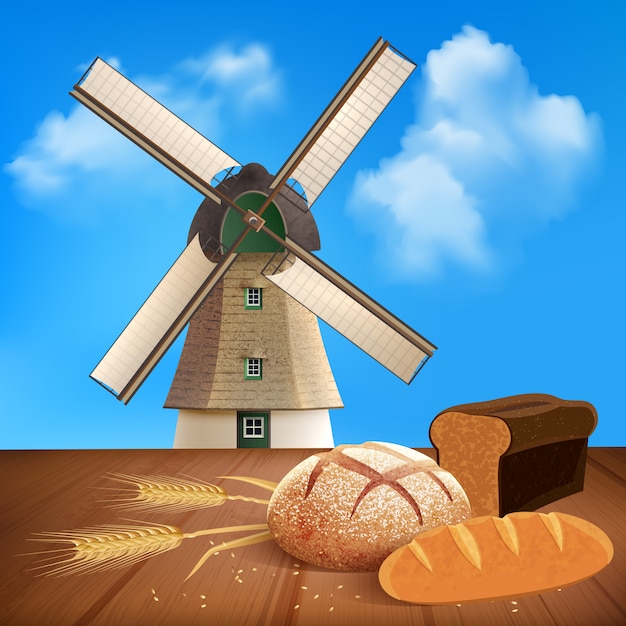 Vettore gratuito pane e grano con l'illustrazione del mulino e del prodotto naturale