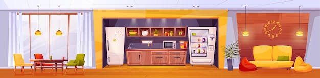 Бесплатное векторное изображение Комната отдыха с кухней в офисе, обед на работе