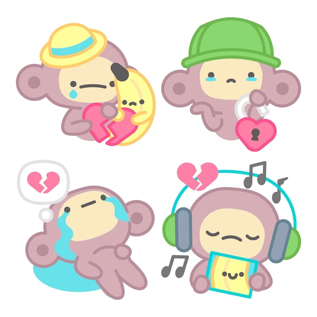 Free vector break-up stickers collection with monkey and banana