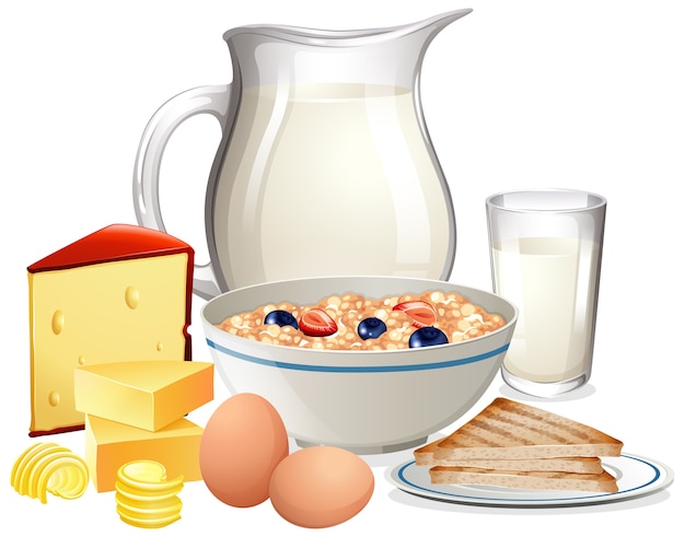Cereali per la colazione in una ciotola con un barattolo di latte in un gruppo isolato su sfondo bianco