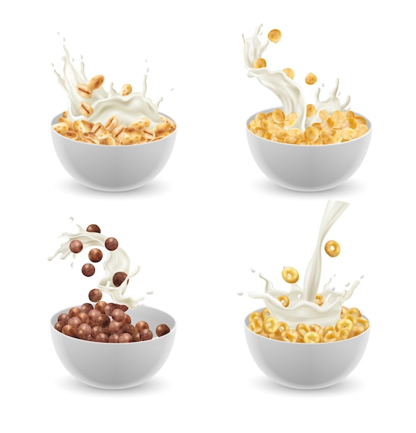 Vettore gratuito set realistico di piatti di cereali per la colazione con illustrazione vettoriale isolata di gusti diversi