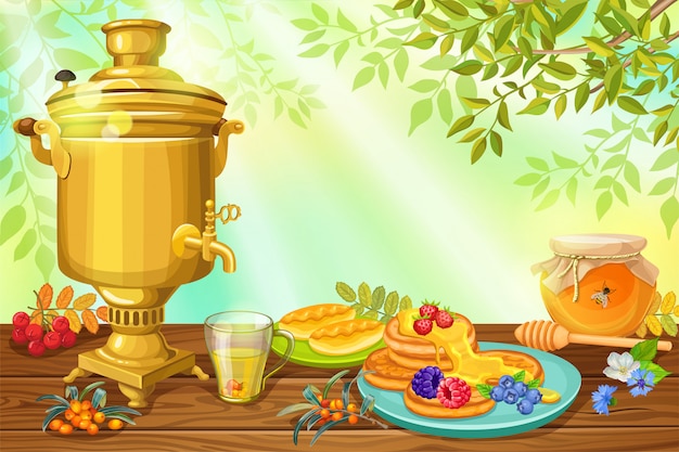 Бесплатное векторное изображение Завтрак, мед и блины.