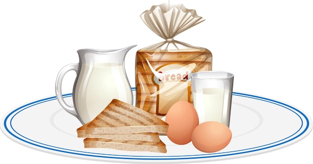 Free vector breakfast meal with bread and milk