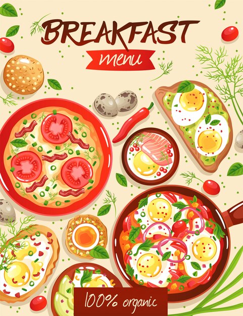 Шаблон меню завтрака с различными блюдами из яиц на бежевом плоской иллюстрации