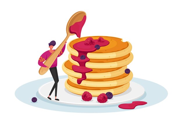 バターのスライスと揚げパンケーキのスタック おいしい朝食 漫画イラスト プレミアムベクター