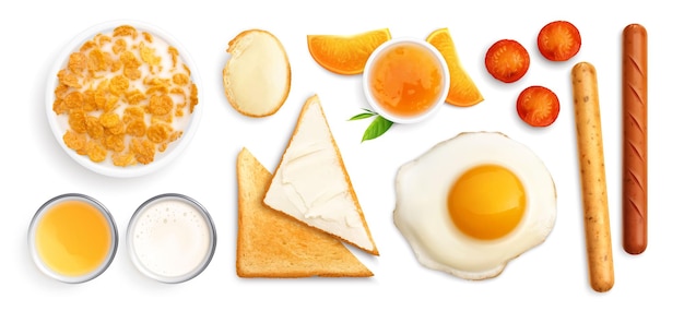Vettore gratuito insieme realistico della prima colazione con le viste superiori isolate del cibo di mattina con l'illustrazione di vettore dei fiocchi di mais delle uova del pane del pane tostato