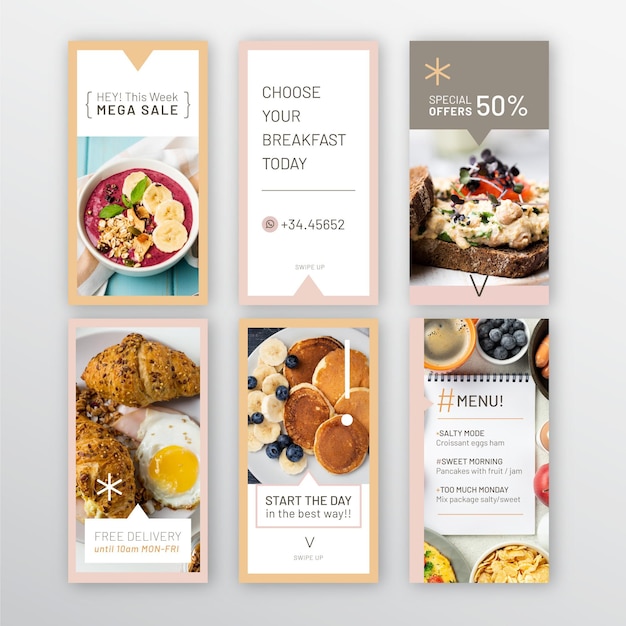 Free vector breakfast restaurant instagram stories collection