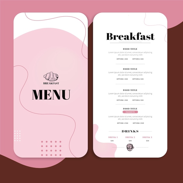 Modello di menu del ristorante per la colazione