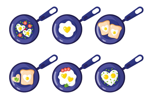 Завтрак на сковороде: тосты, яичница, омлет в форме сердца.