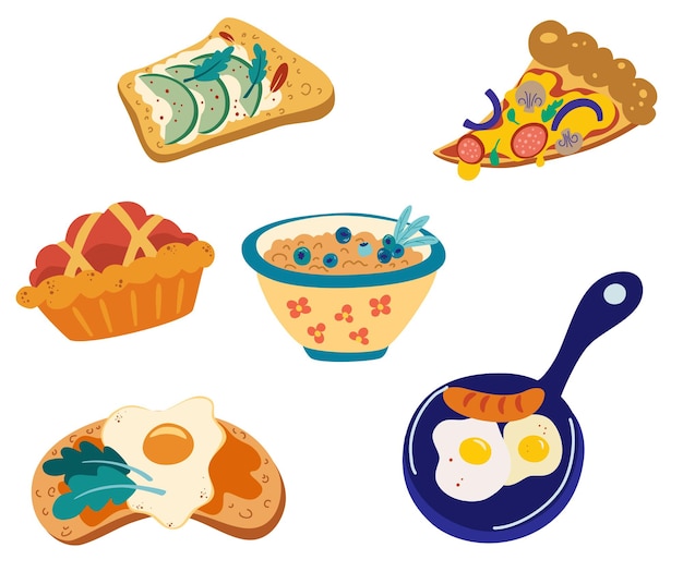 Завтрак набор продуктов питания различные вкусные блюда векторные иллюстрации