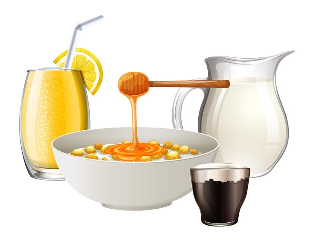 Free vector breakfast set with cereal and fruit juice and milk