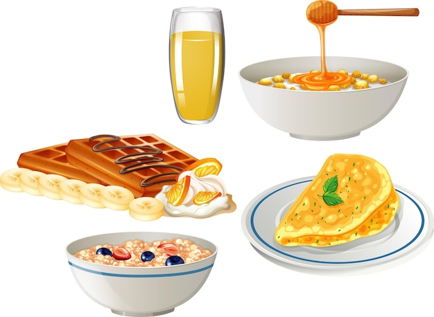 Breakfast set with cereal and waffle and omelette