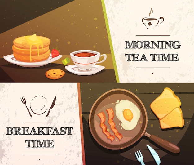 朝食​時間​と​朝​の​お茶​2​つ​の​平らな​水平​方向​の​バナー