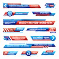 Free vector breaking news television channel broadcasting set of isolated solid plates for vfx bars with editable text vector illustration