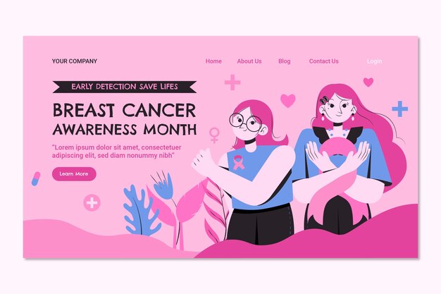 Breast cancer awareness month flat design landing page template