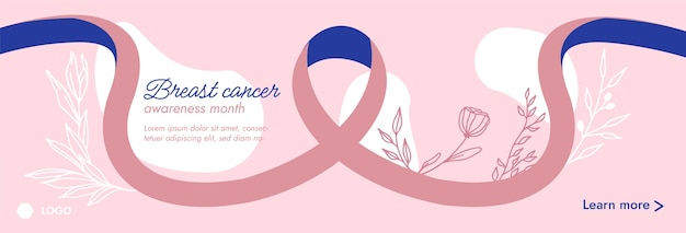 Banner orizzontale piatto disegnato a mano del mese di consapevolezza del cancro al seno