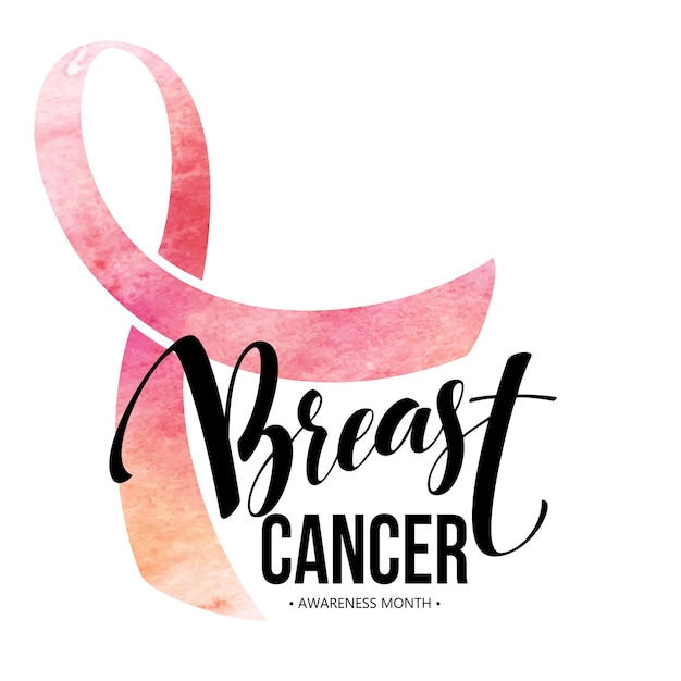 Free vector breast cancer card. awareness month ribbon. watercolor texture. modern brush calligraphy. isolated on white background. vector illustration eps10