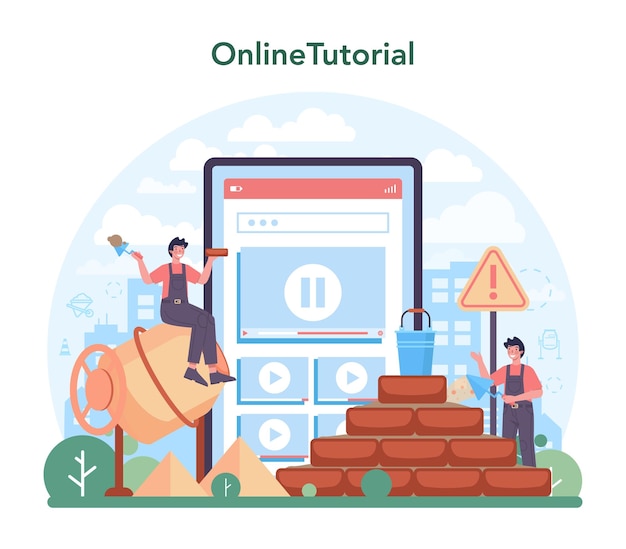 Bricklayer online service or platform Professional builder constructing a brick wall with tools and materials Online tutorial Isolated flat vector illustration