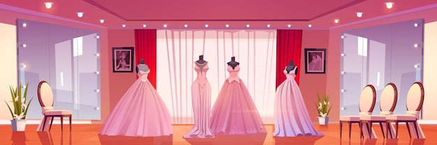 마네킹에 웨딩 드레스와 조명이 달린 대형 거울이있는 신부 상점 인테리어.