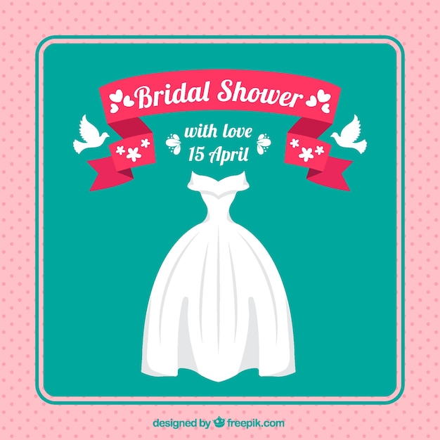 Vettore gratuito invito nuziale doccia con abito da sposa e colombe