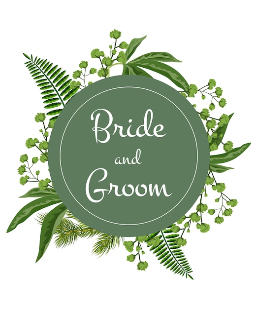 Bride and groom lettering on green circle with greenery on white background.