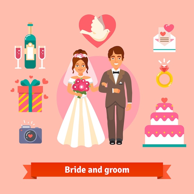 Free vector bride and groom with wedding icons set