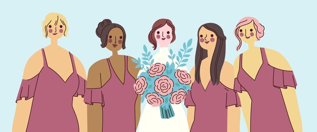 Bridesmaids in beautiful dresses illustrated