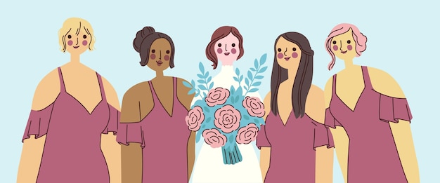 Бесплатное векторное изображение Иллюстрированные подружки невесты в красивых платьях