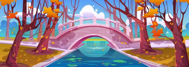 Ponte nel parco autunnale con illustrazione del paesaggio dei cartoni animati fluviali canale d'acqua nella foresta con fusto dell'albero e foglie d'arancio che cadono passerella ad arco in pietra con recinzione nel design del giardino naturale pubblico