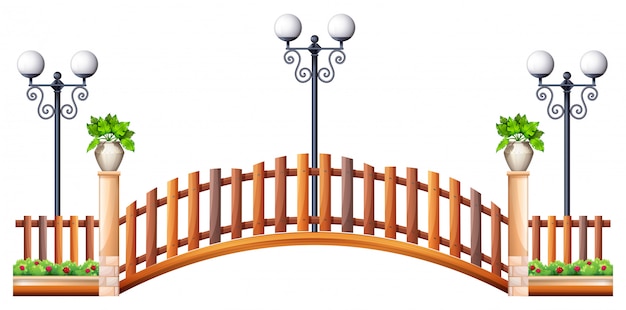 Free vector bridge with wooden fence and lamp