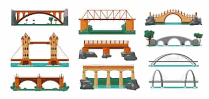 Free vector bridges color icon set structures for different terrain and landscape on the mountains plains across the sea and ocean vector illustration