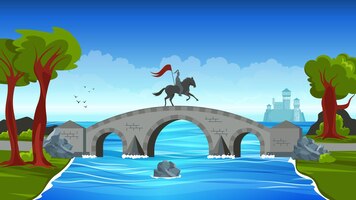 bridges colored concept small stone bridge linking the two banks and a man on horseback on it illustration
