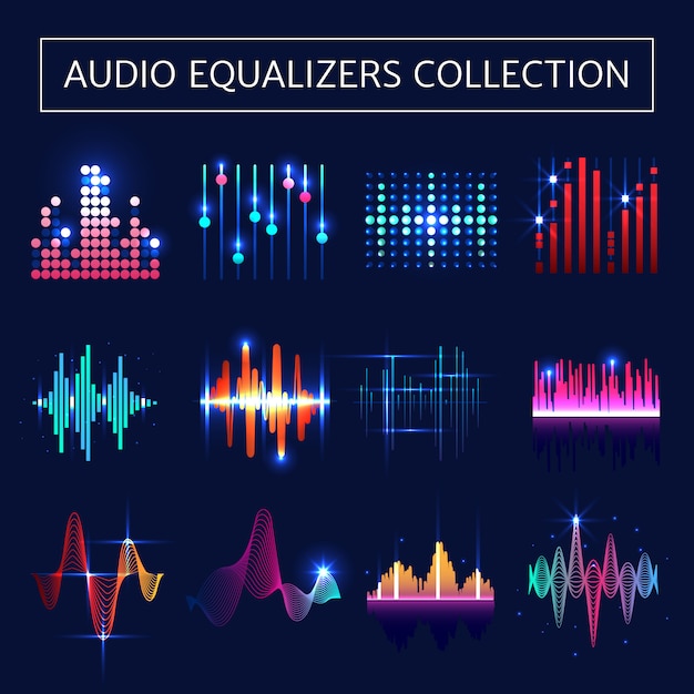 Бесплатное векторное изображение Яркий неоновый эквалайзер с символами звуковых волн на синем фоне