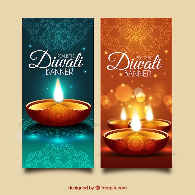 Vettore gratuito bandiere luminose del diwali festival