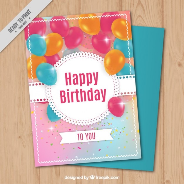 Free vector bright birthday card with realistic balloons