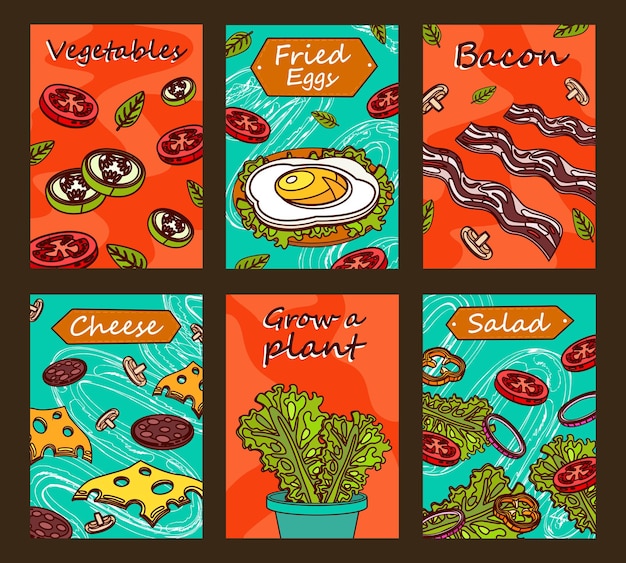 Бесплатное векторное изображение Яркие буклеты с вкусной едой. цветные нарезанные овощи, бекон, жареные яйца и зеленый салат.