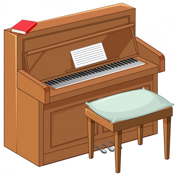 白い背景の上の漫画のスタイルで明るい茶色のピアノ