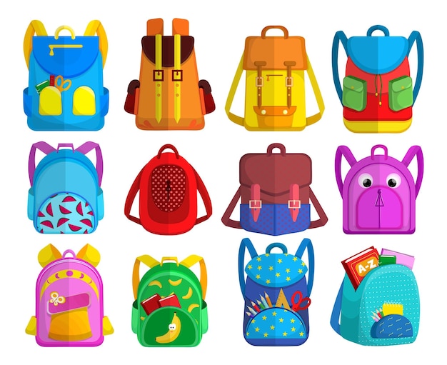 Bright childish backpacks collection. Cartoon illustration