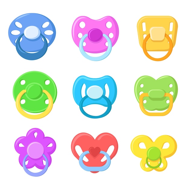 Free vector bright children pacifiers flat pictures set