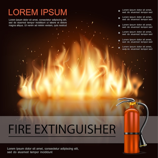 Bright fire shiny template with burning flames and fire extinguisher in realistic style