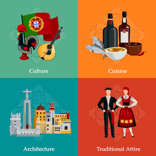 Bright flat icons set with traditional portugal attire cuisine