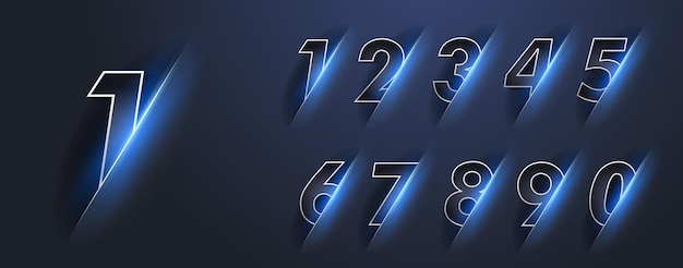 Bright glowing numbers from zero to nine with a blue glow. numbers 1,2,3,4,5,6,7,8,9,0 with bright light. 2022 happy new year.