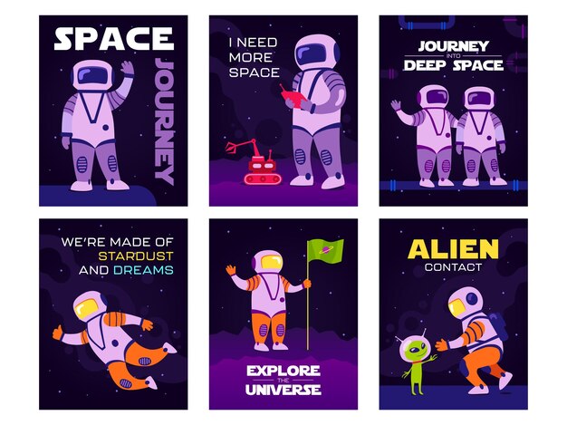Bright greeting card designs with happy cosmos explorers