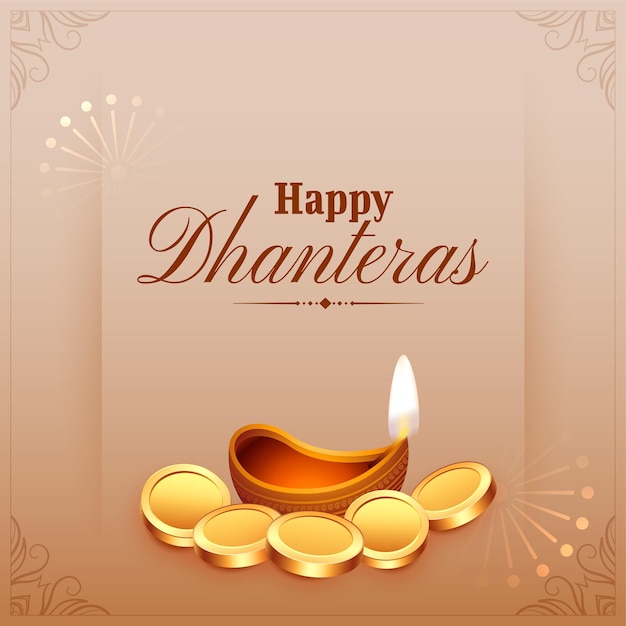 Free vector bright happy dhanteras festival background with oil diya and golden coin