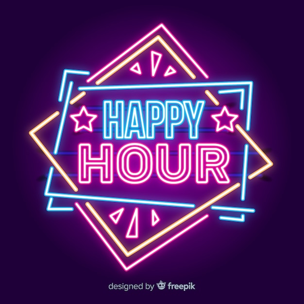 Bright happy hour neon sign