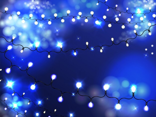 Bright holiday illumination garland background with lighted, shiny bulbs on string