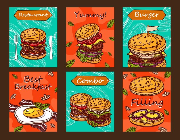 ファーストフード店の明るいチラシデザイン。おいしいハンバーガーや朝食付きのクリエイティブなポストカード。