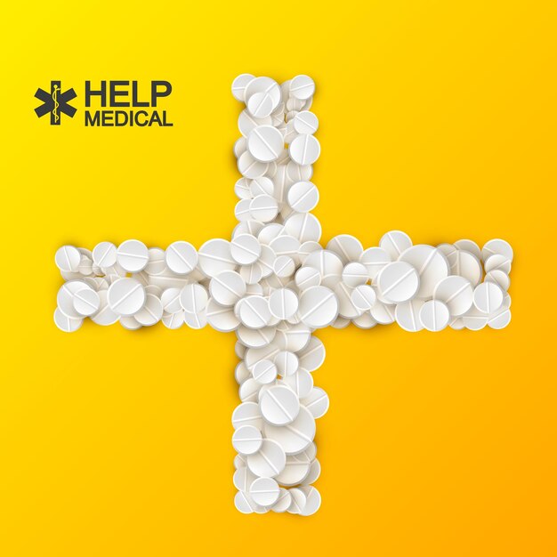 Free vector bright medical care template with white remedies tablets and pills in cross shape on orange illustration