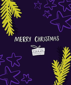 Bright merry christmas card design. violet and neon green colors with hand crafted inscription and spruce branches.