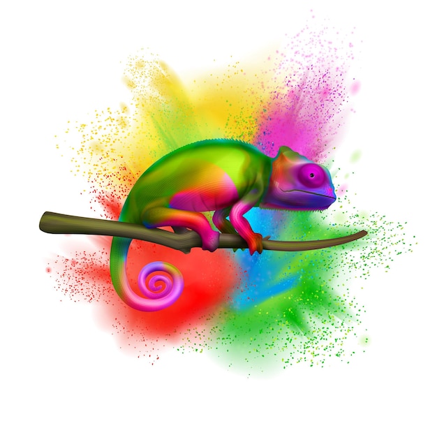 Free vector bright multicolored chameleon on tree branch